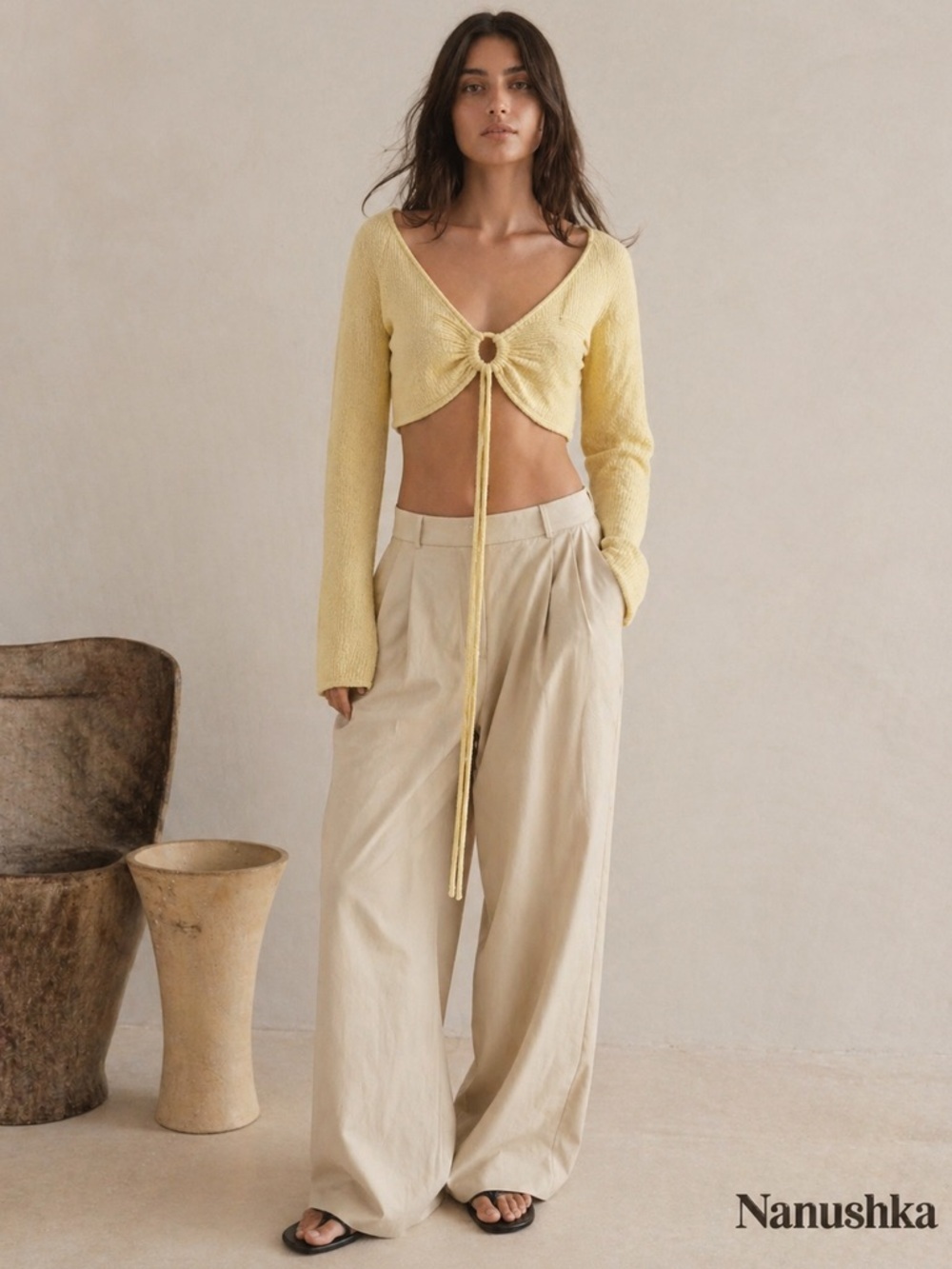 Nanushka Yellow Ribbed Tie Front Cropped Knit Top Size L NWT